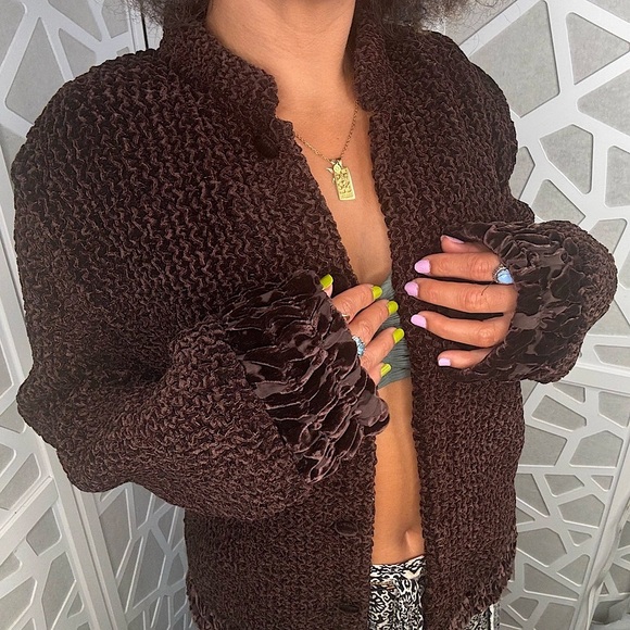 {Silkland} VTG Chocolate Brown Crinkle Knit Cardigan Jacket, Velvet Floral Trim - Picture 8 of 12